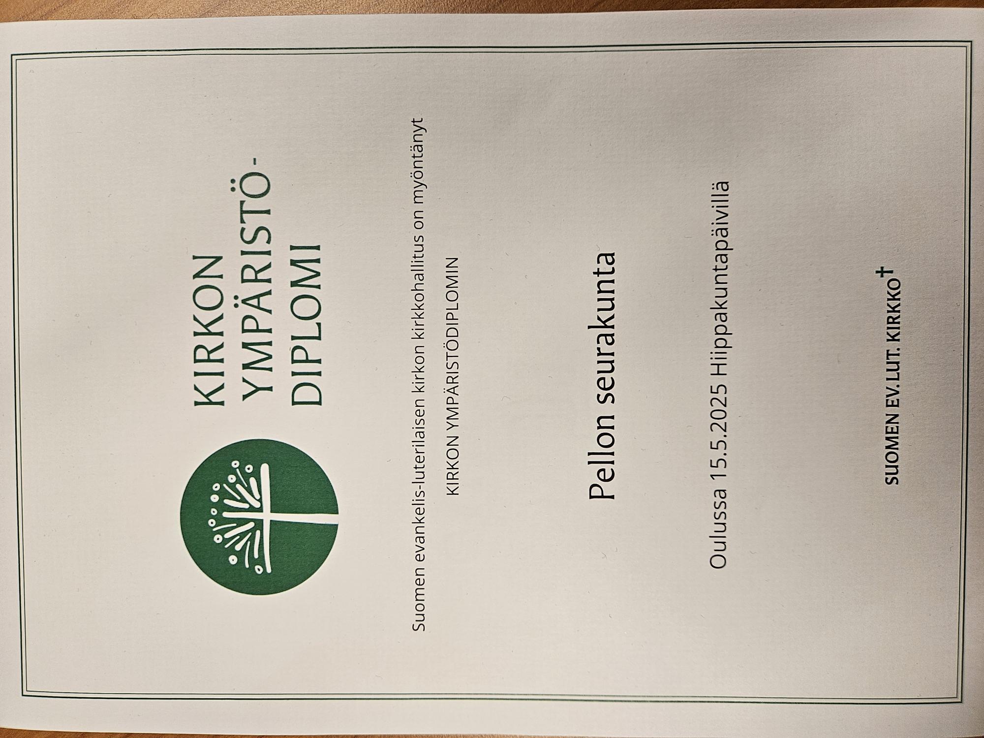 Kuva Kirkon ympäristödiplomista.
