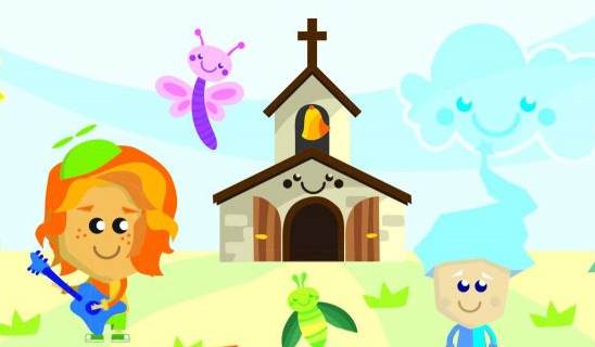 Linkki lastenkirkko sivulle. Piirretty lapsia ja hyönteisiä kirkon eteen. Linkki avautuu uudelle välilehdelle.
