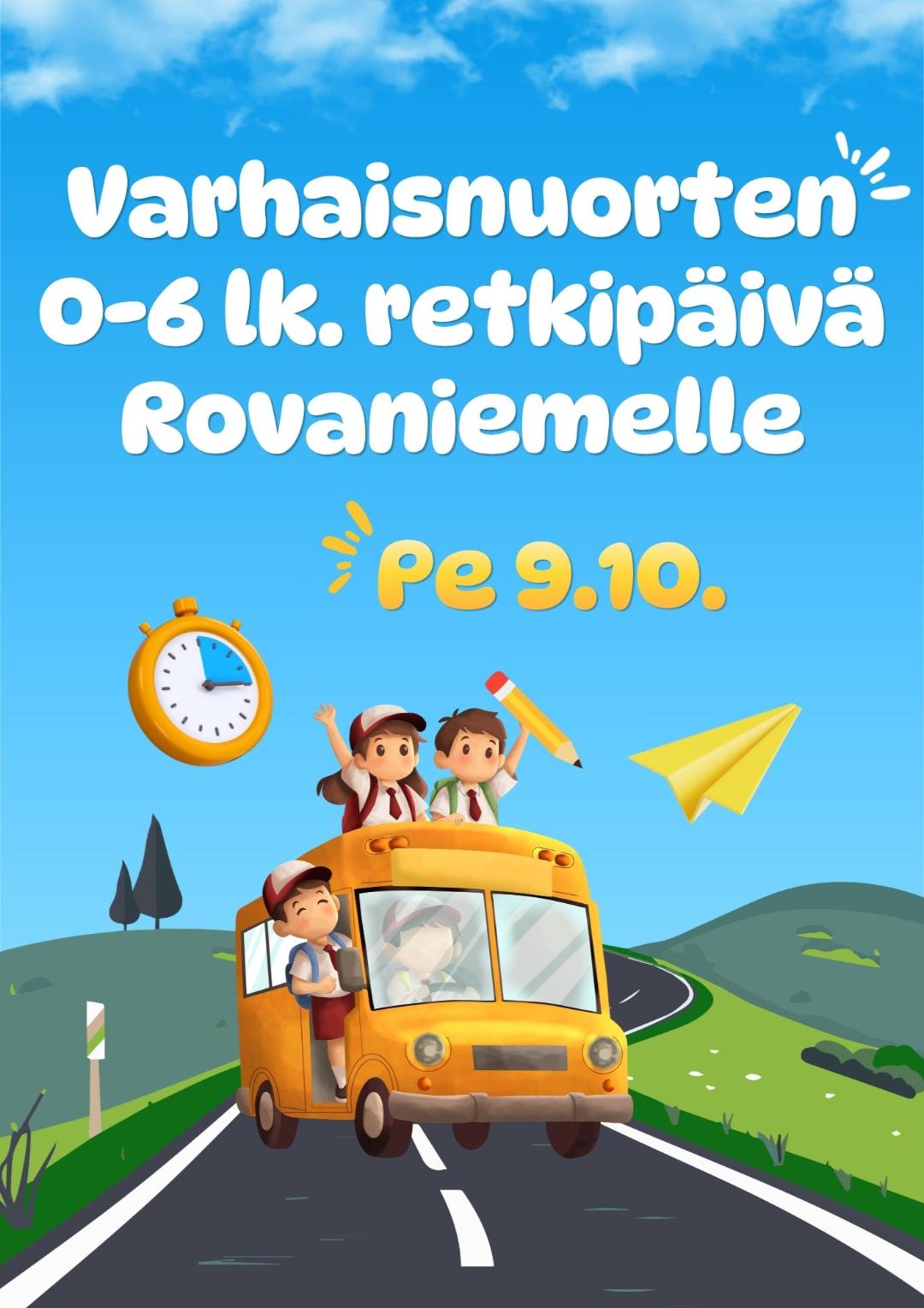 Kuvassa lapsia linja-auton kyydissä, ilmoitus varhaisnuorten retkestä Rovaniemelle.